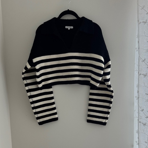 Crescent Striped Cropped Knit Polo Sweater in Black and White - Picture 5 of 5
